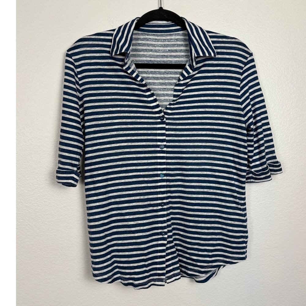 Majestic Filatures Button Down Linen Black Deluxe Stripe Tee Shirt 2